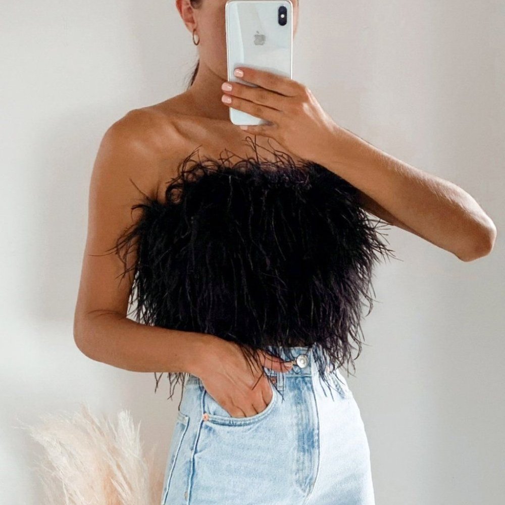 DREAM DAZE BLACK FEATHER BANDEAU CROP TOP